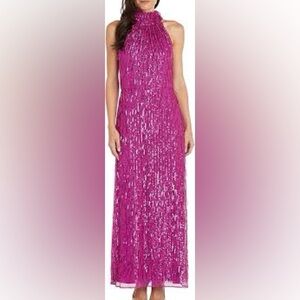 R&M Richards Fuchsia Sequin Fringe Halter Dress Size 8